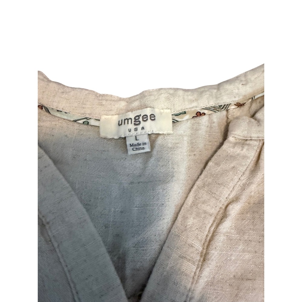 Umgee Linen Blend Henley Blouse Beige Boho Frayed Fringe Hem Smocked Sleeve L - Picture 2 of 7